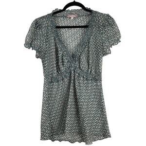 6 Degrees Size L Smocked Babydoll Peasant Blouse Blue Brown Ditzy‎ Floral Y2K